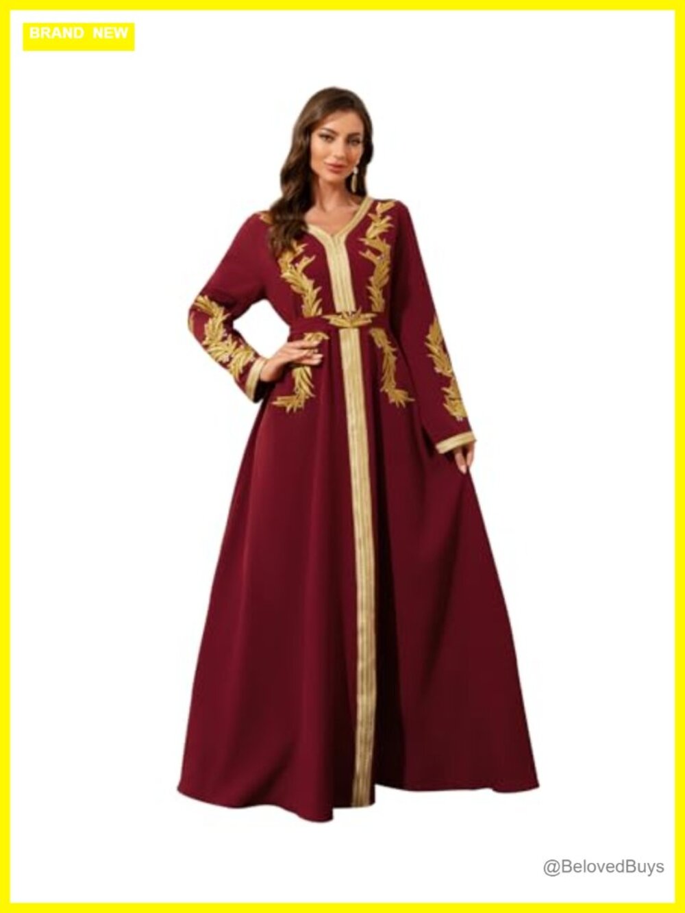Women's Embroidered Maxi Kaftan Dress Long Sleeve V-Neck Moroccan Abaya